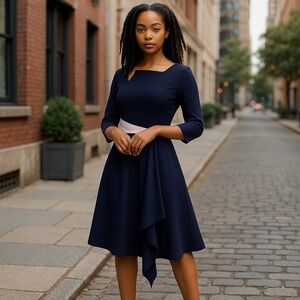 Nora Gardner Contrast Waistband‎ Pinto Midi Dress - /Navy Multi - L